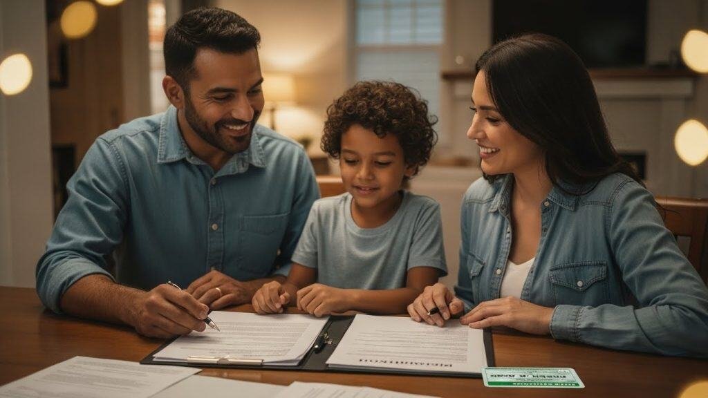 Família assinando documentos de imigração com felicidade e esperança de um novo começo.