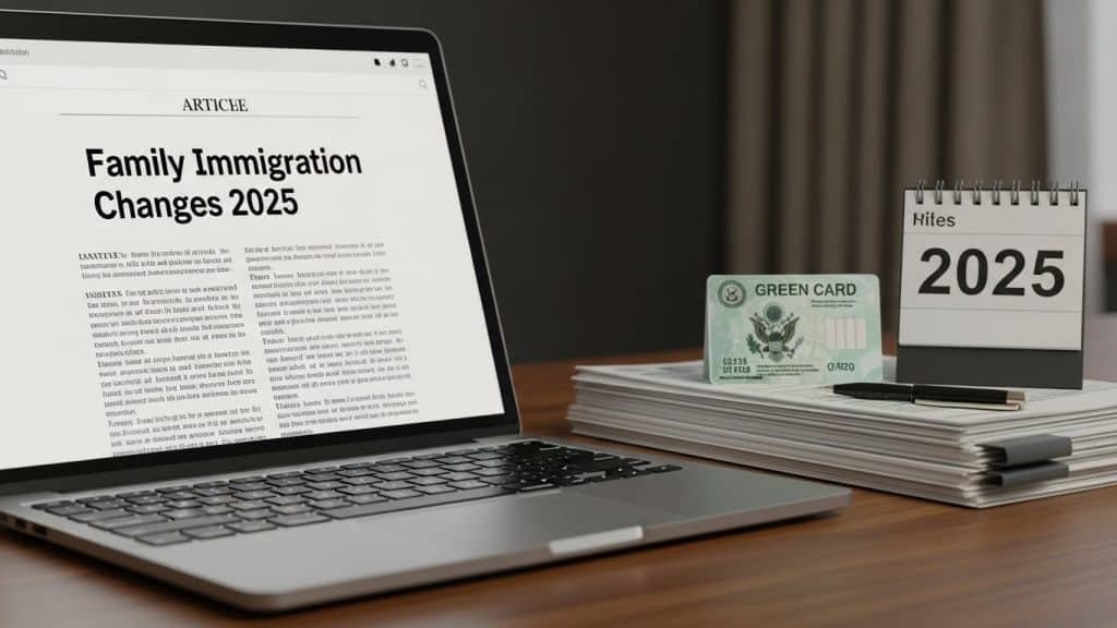 Documento de imigração e calendário de mudanças familiares em 2025.