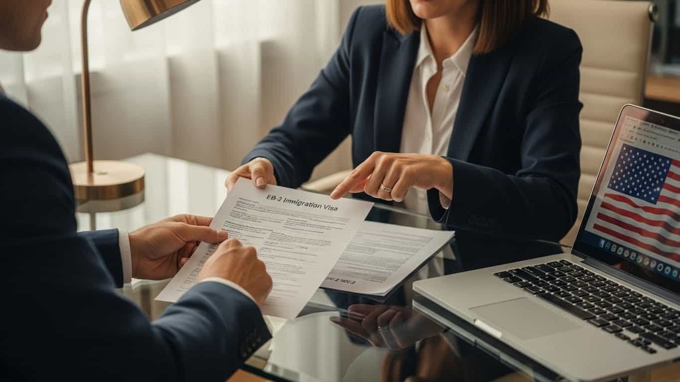 Pessoa entregando formulário de visto nos EUA, com laptop e bandeira americana ao fundo.
