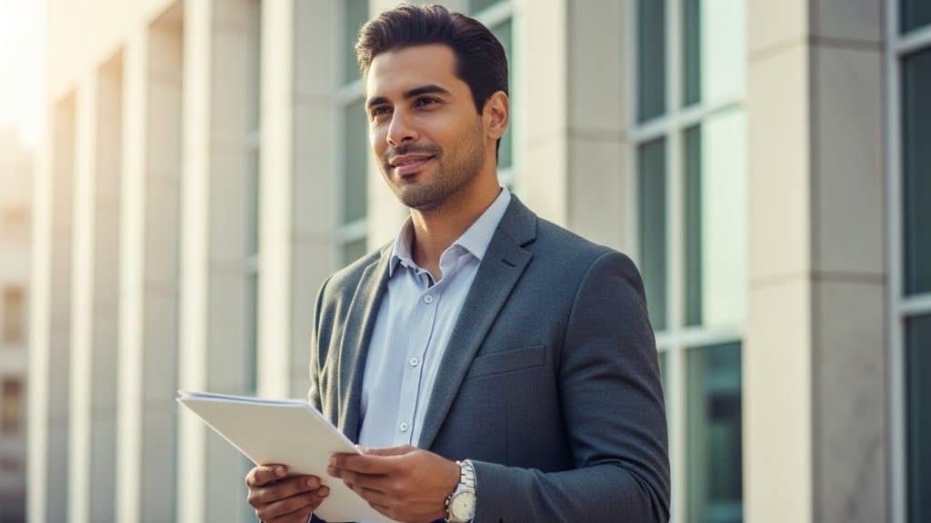 Imagem de um jovem imigrante com roupas formais, segurando tablet, em ambiente de centro urbano moderno.