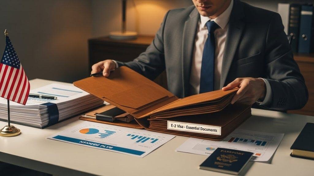 Imagem de um homem de terno organizando documentos de imigração.