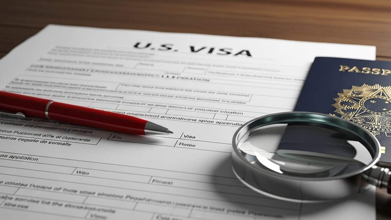 Imagem de formulário de visto de imigração, carteira de passaporte e lupa, representando processos de imigração nos EUA.