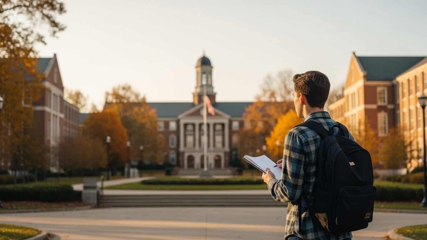 Estudante com mochila, preparando-se para aulas na faculdade.