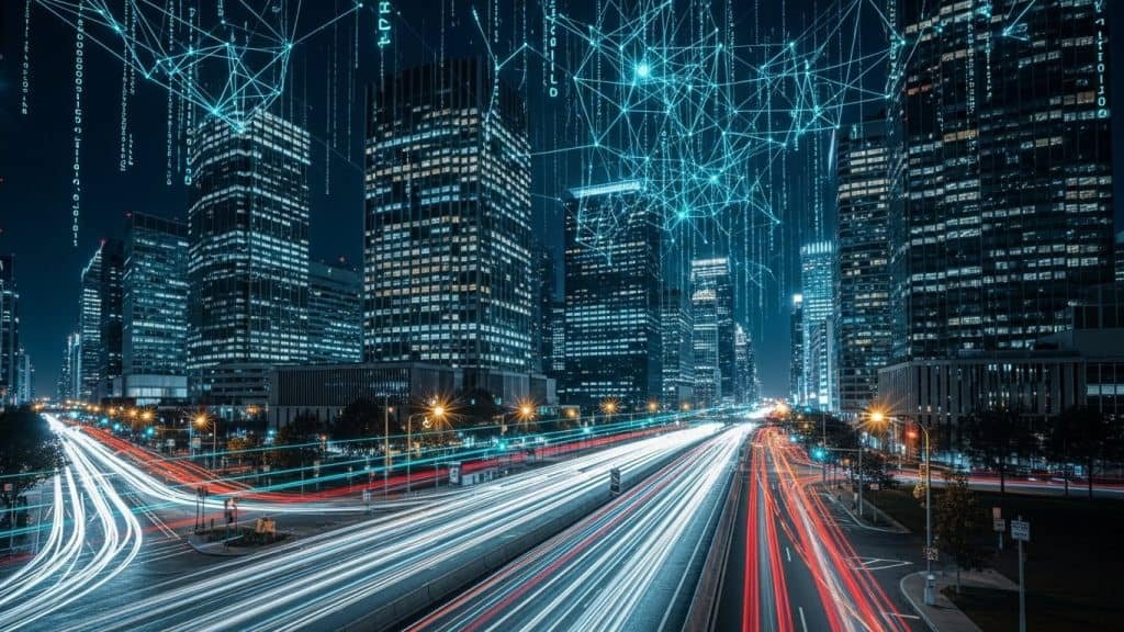 Cidade moderna com luzes de trânsito e conexões digitais de alta tecnologia.