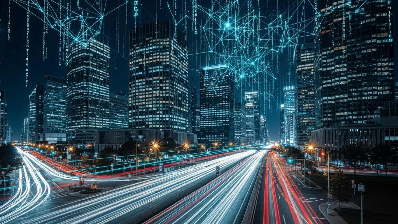 Integração de cidade e tecnologia à noite. Cidade moderna com luzes de trânsito e conexões digitais de alta tecnologia.