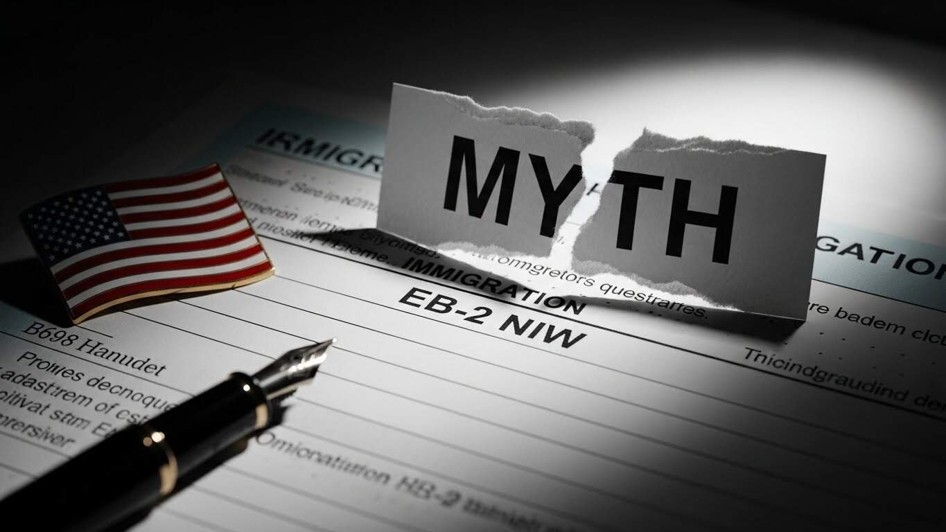 Imagem de documento de imigração dos EUA com a palavra "MYTH" rasgada, bandeira americana, caneta e texto relacionado ao processo de imigração.