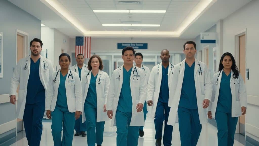 Profissionais de saúde com jalecos brancos e estetoscópios em ambiente hospitalar.