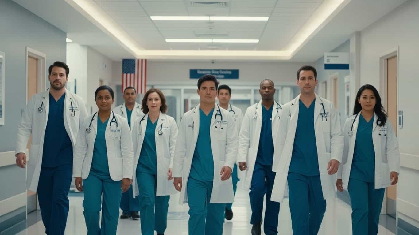 Equipe médica internacional; diversidade de profissionais de saúde em hospital moderno, foco em cuidados médicos. Profissionais de saúde com jalecos brancos e estetoscópios em ambiente hospitalar.