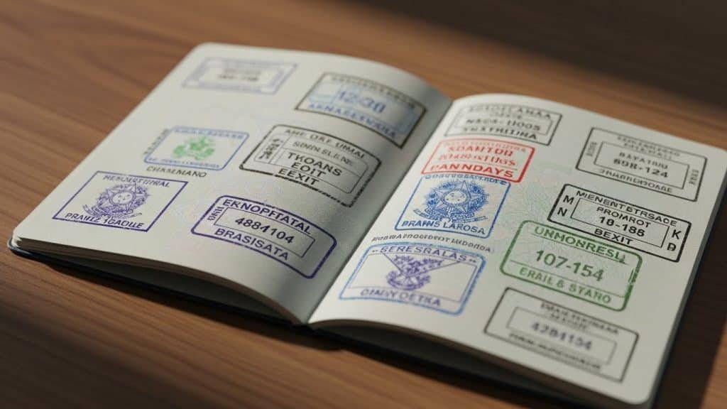 Passaporte com carimbos de imigração Brasil/estrangeiro.