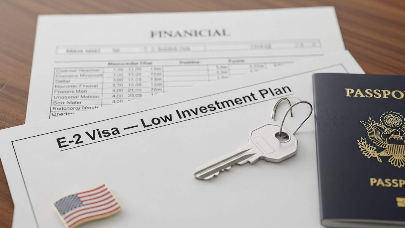 Investimento para imigração. Chave, visto E-2, passaporte dos EUA, plano de investimento.