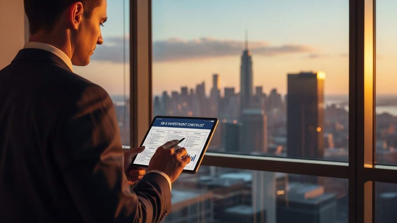 Imagem de um homem de terno analisando um relatório digital em um tablet, com vista de cidade futurista ao pôr do sol, simbolizando inovação e novos começos.