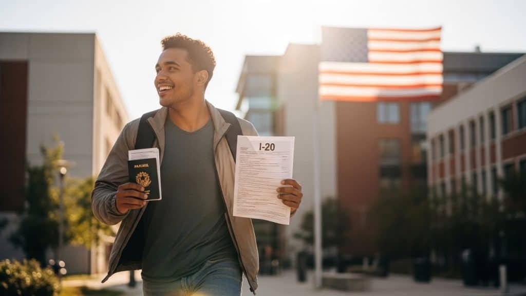 Imigrante com visto de entrada, segurando passaporte e formulário de imigração, sorrindo em ambiente urbano com bandeira americana ao fundo.