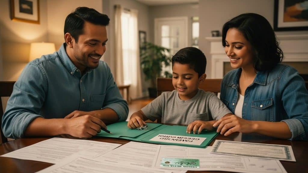 Família feliz assinando documentos de imigração e vistos de residência, símbolo de sucesso na nova jornada no Brasil.