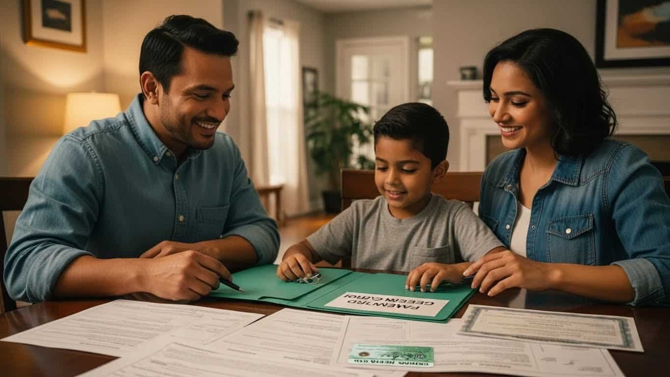 Família feliz assinando documentos de imigração e vistos de residência, símbolo de sucesso na nova jornada no Brasil.