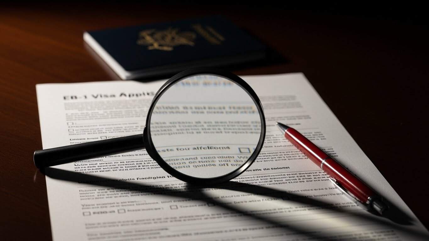 Documento de visto de imigração com lupa e caneta.