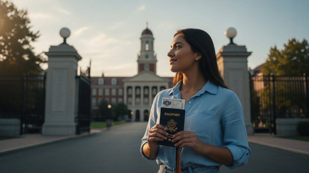 Mulher com passaporte ao lado de uma universidade nos EUA ao entardecer.