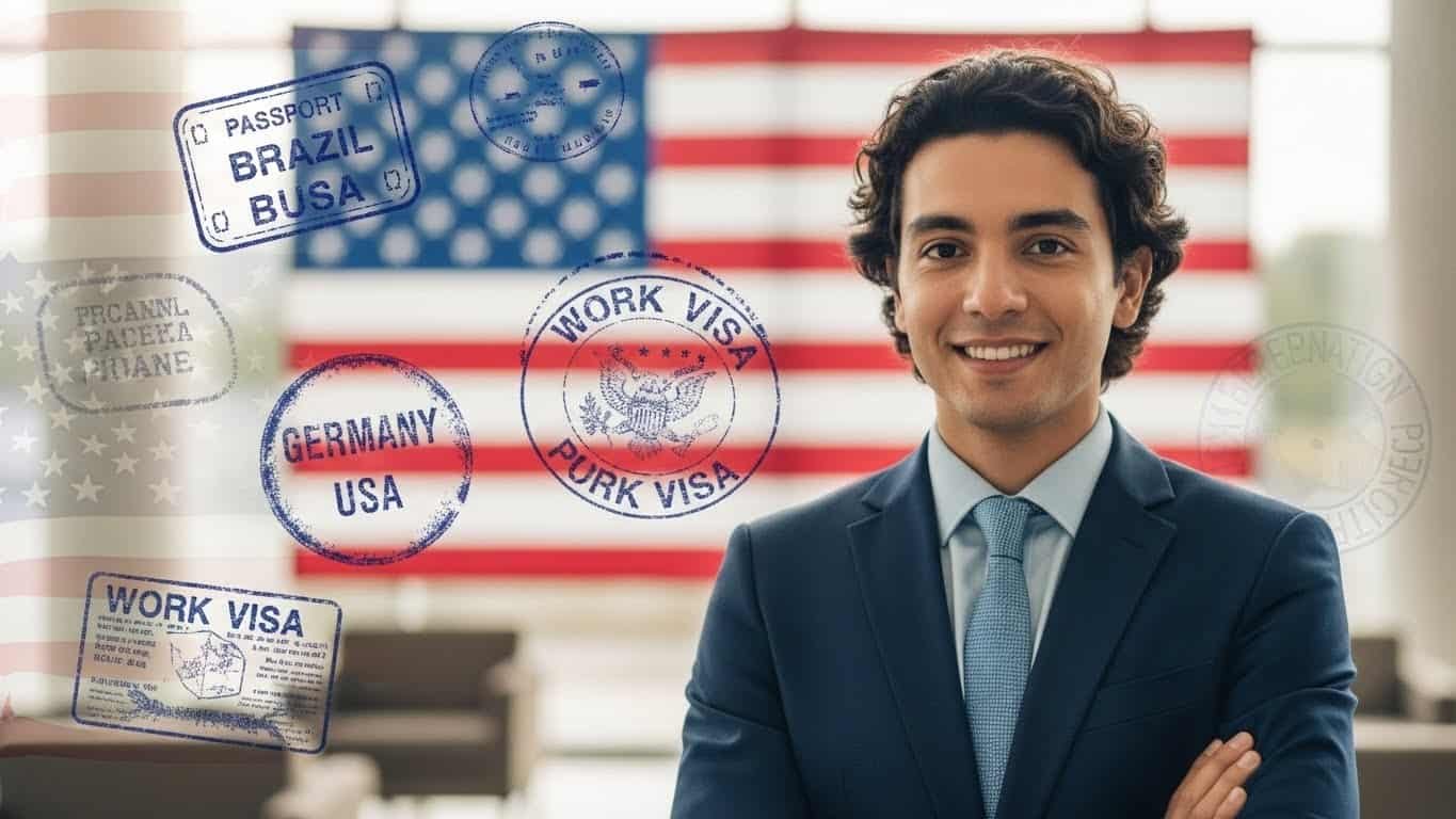 Imagem de um jovem profissional com passaportes e vistos de trabalho.