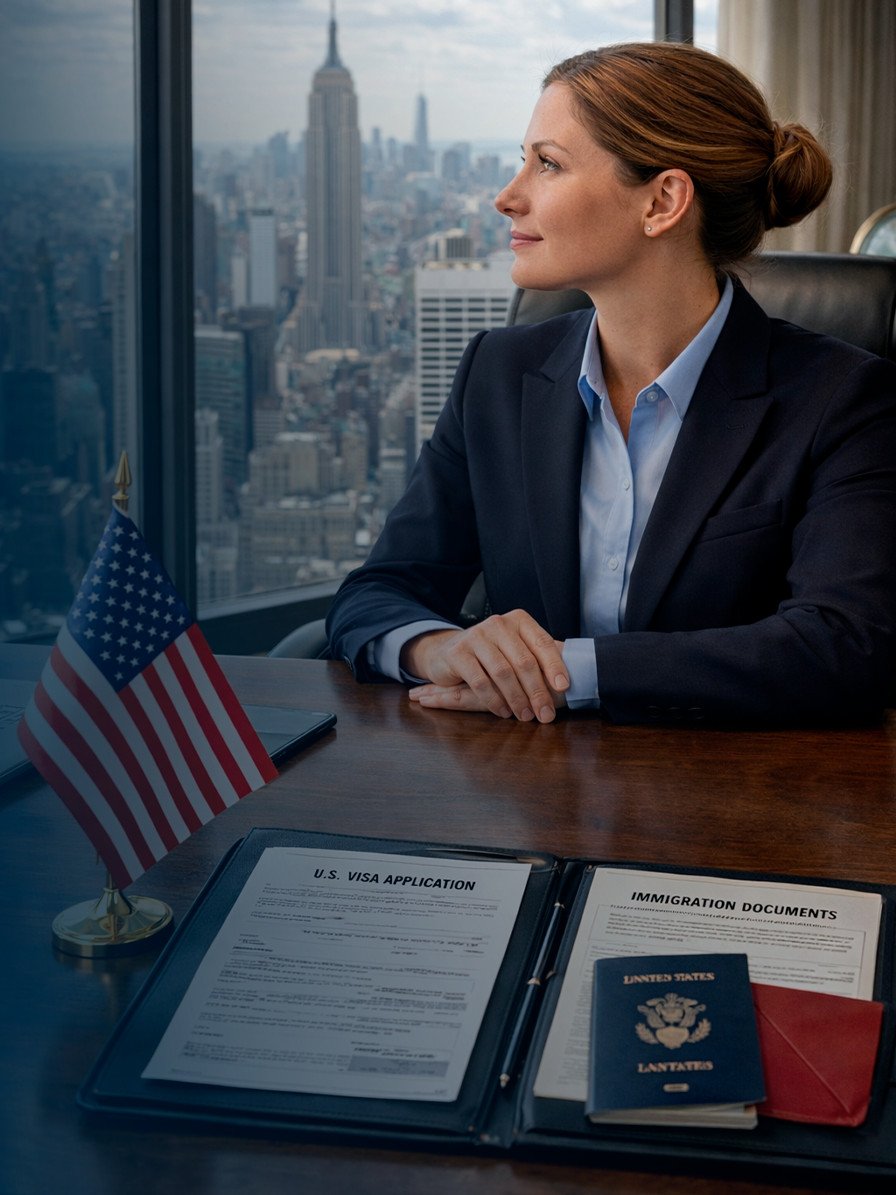 Banner 'Quem Somos' 2 896x1195px Imagem de um homem de terno organizando documentos de imigração.
