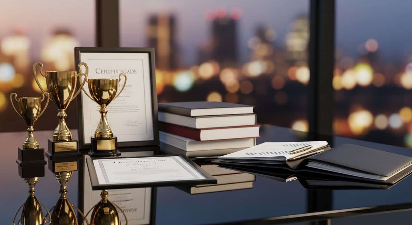 Reconhecimento de conquistas profissionais para visto O1-A Imagem de troféus, certificados e livros em ambiente de escritório com vista urbana ao fundo.