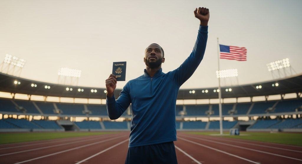 Visto americano conquistado por atleta em estádio com bandeira dos EUA ao fundo.