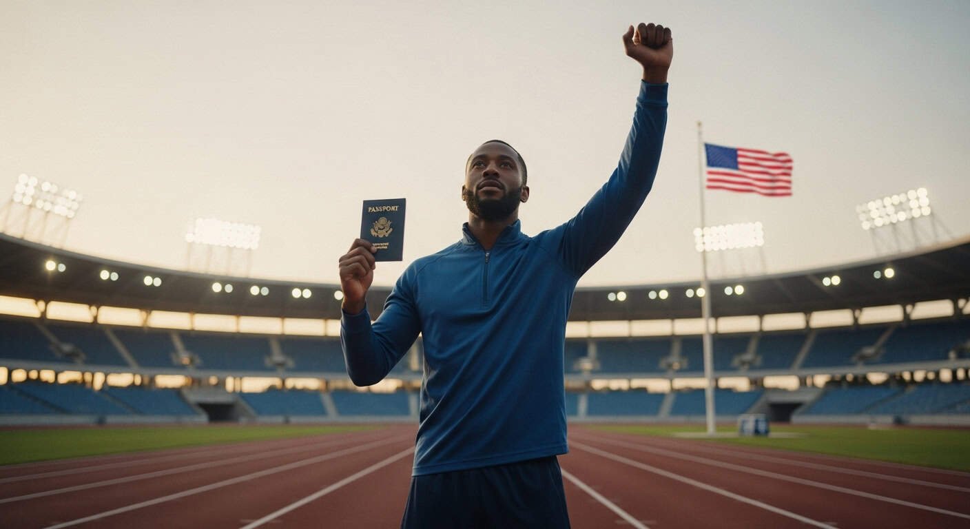 Visto americano conquistado por atleta em estádio com bandeira dos EUA ao fundo.