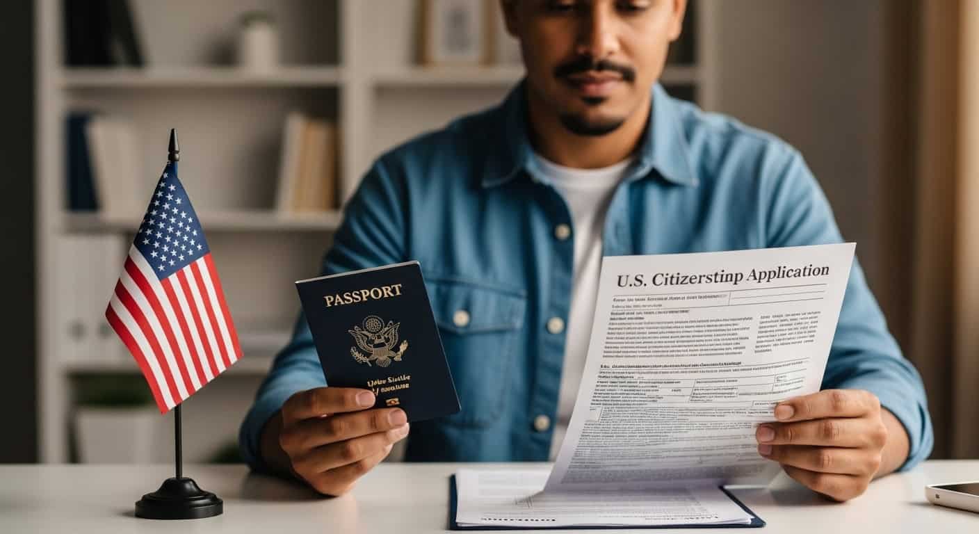 Jovem imigrante com passaporte e formulário de cidadania americana.
