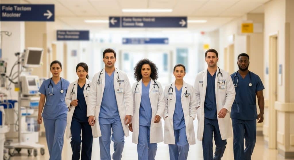 Imagem de profissionais de saúde diversos caminhando pelo hospital.