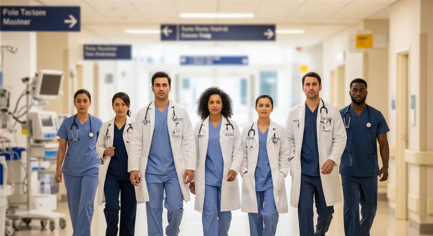 Imagem de profissionais de saúde diversos caminhando pelo hospital.