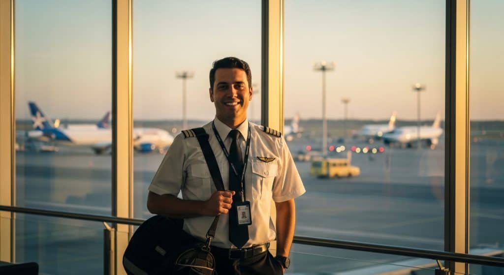 Imagem de um novo imigrante brasileiro sorridente no aeroporto, pronto para iniciar sua jornada nos.