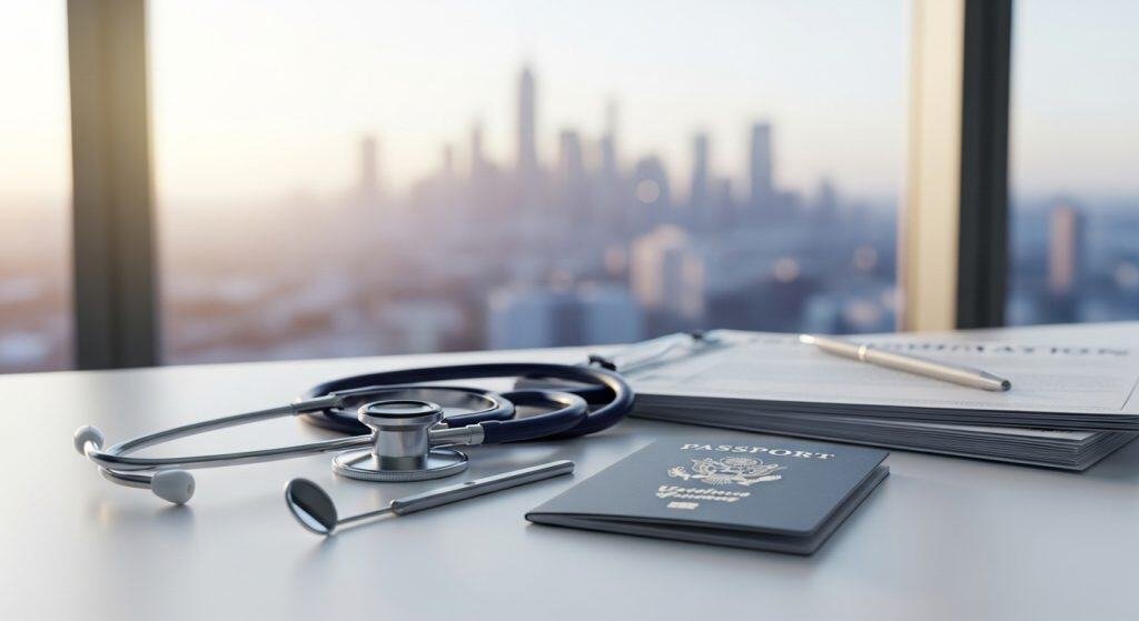 Profissional de saúde com documentos e estetoscópio na mesa.