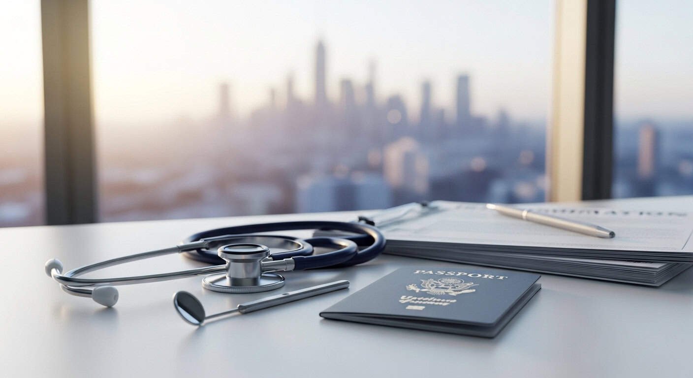 Profissional de saúde com documentos e estetoscópio na mesa.