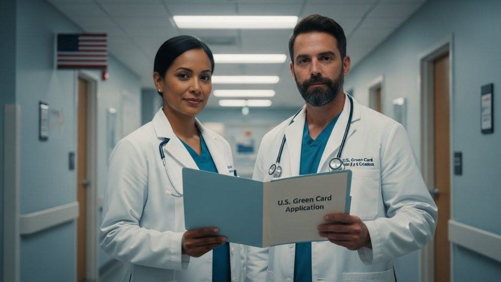 Médicos em hospital com cartão de imigração dos EUA, foco em saúde e imigração.