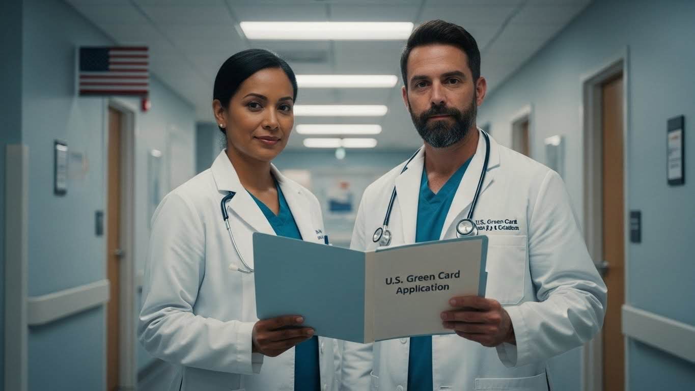 Médicos em hospital com cartão de imigração dos EUA, foco em saúde e imigração.