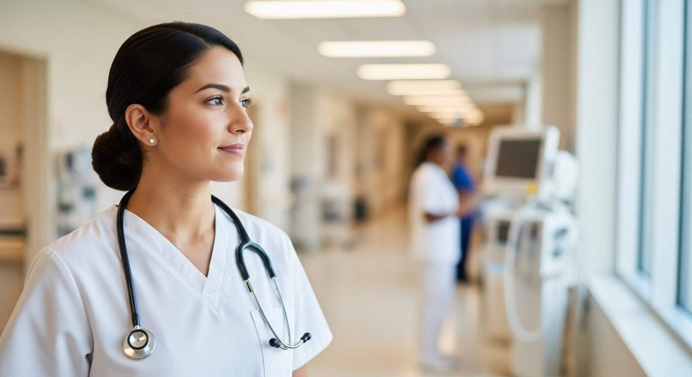 Profissional de saúde estrangeiro com estetoscópio no hospital, representando a integração de profis.