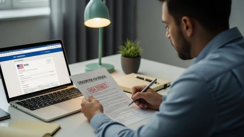 Homem analisando documento de recusa do visto sentado na mesa.