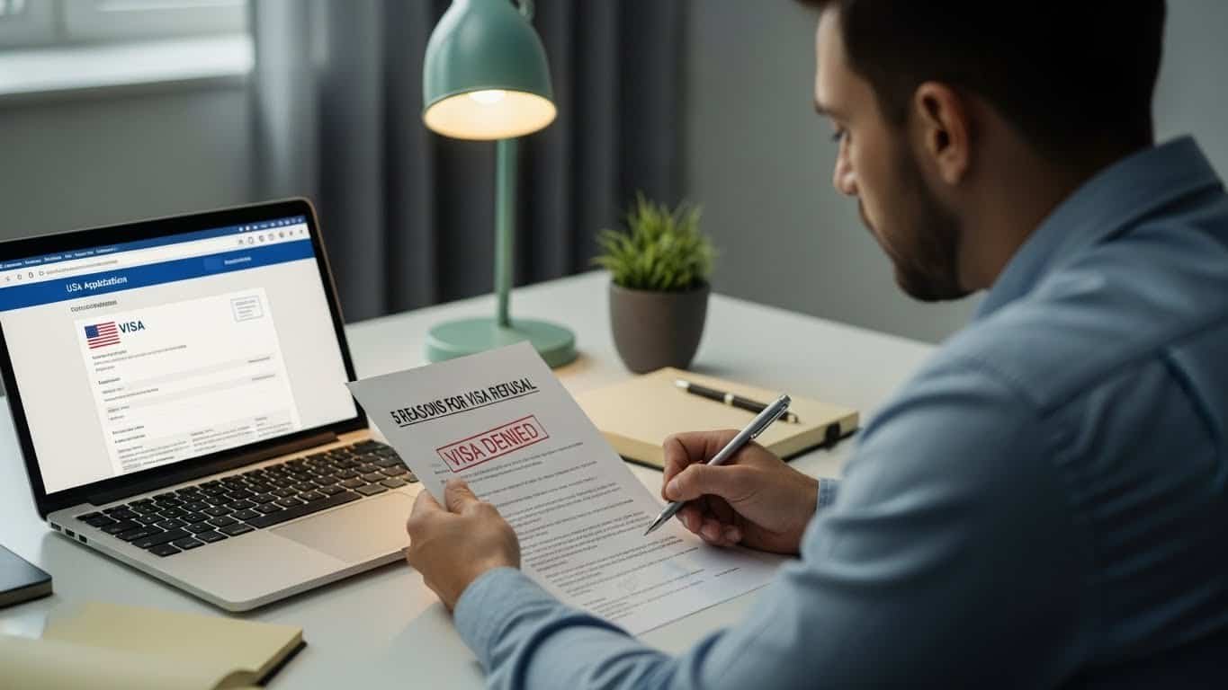 Homem analisando documento de recusa do visto sentado na mesa.