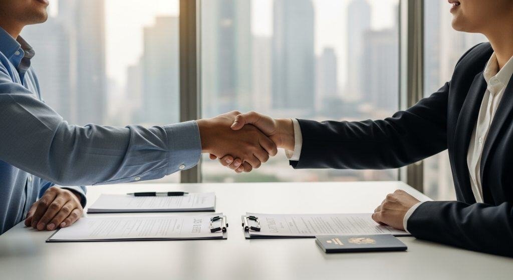 Imigrante e patrocinador apertando as mãos em reunião de visto EB-3.