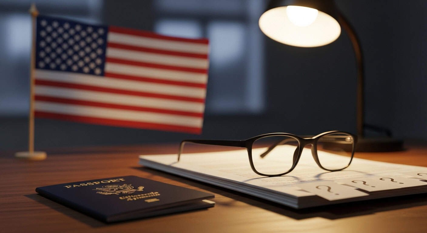 Imigrante com passaporte e óculos na mesa Óculos, passaporte e perguntas sobre naturalização em destaque.