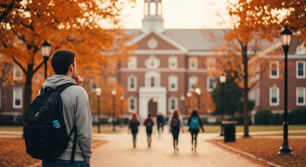 Imagem de um estudante com mochila observando uma universidade americana durante o outono.