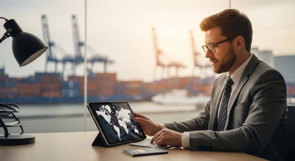 Imagem de um homem de negócios analisando dados em tablet com vista para porto internacional ao fund.