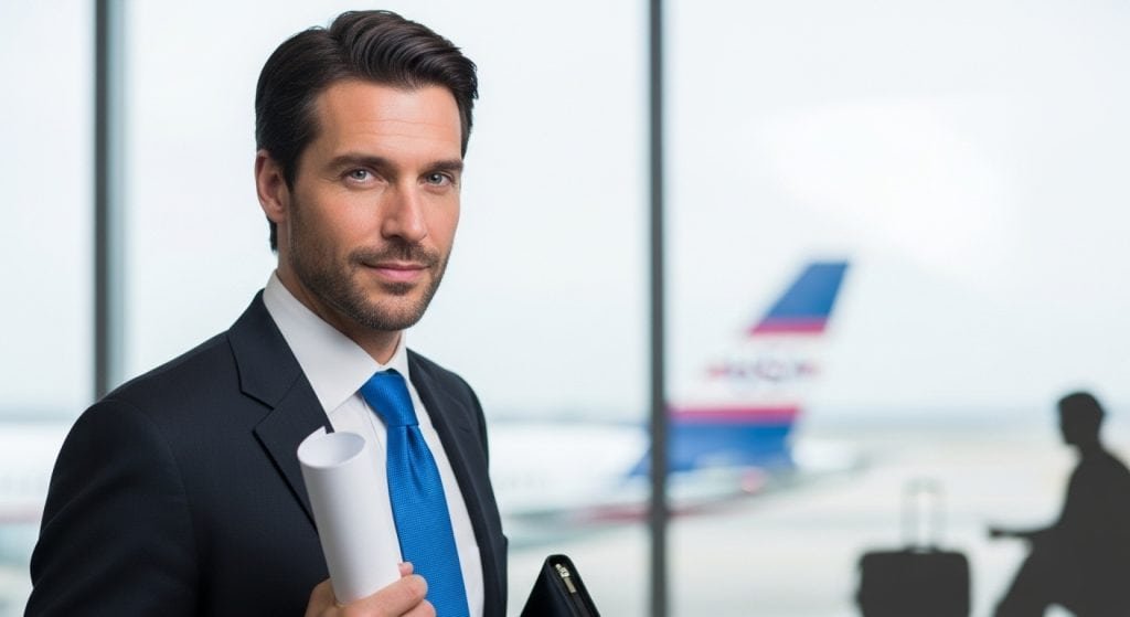 Imagem de um homem de terno segurando documentos no aeroporto.