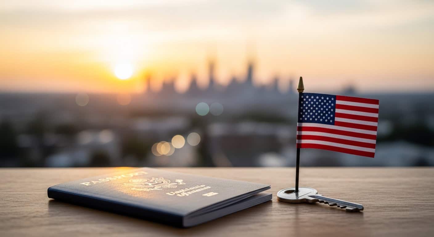 Imigrante segurando uma chave e uma bandeira dos EUA, simbolizando novas oportunidades e cidadania a.