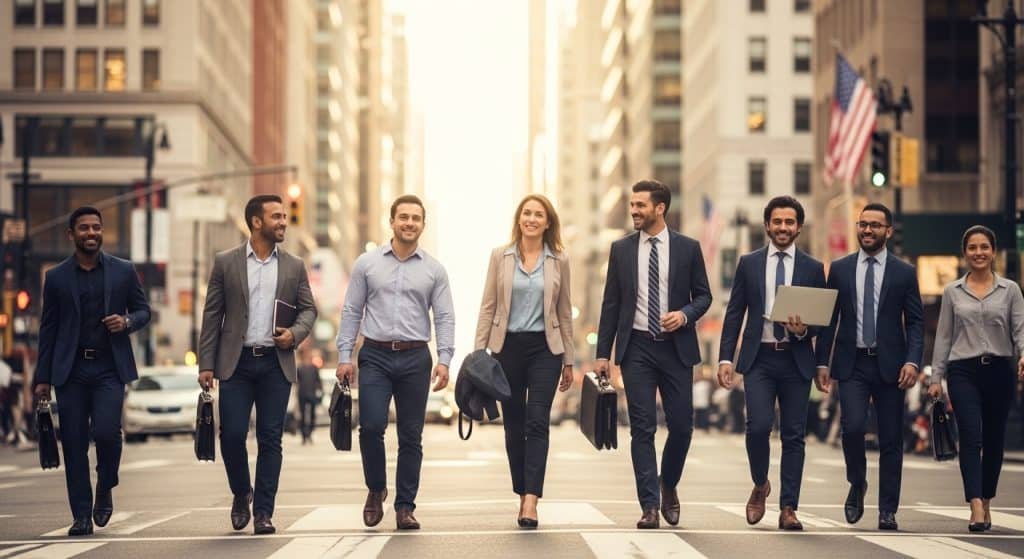 Imagem de profissionais diversos caminhando na rua de uma cidade americana.