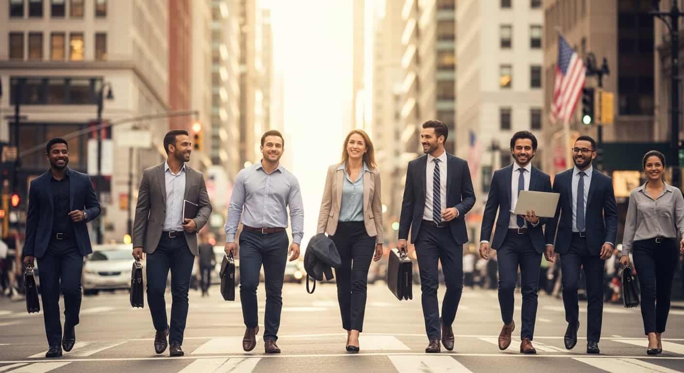 Imigrante Novo na Cultura Americana Imagem de profissionais diversos caminhando na rua de uma cidade americana.