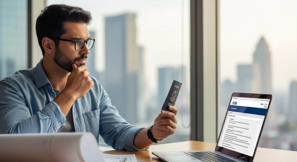 Jovem imigrante brasileiro revisando documentos de visto em ambiente de escritório.