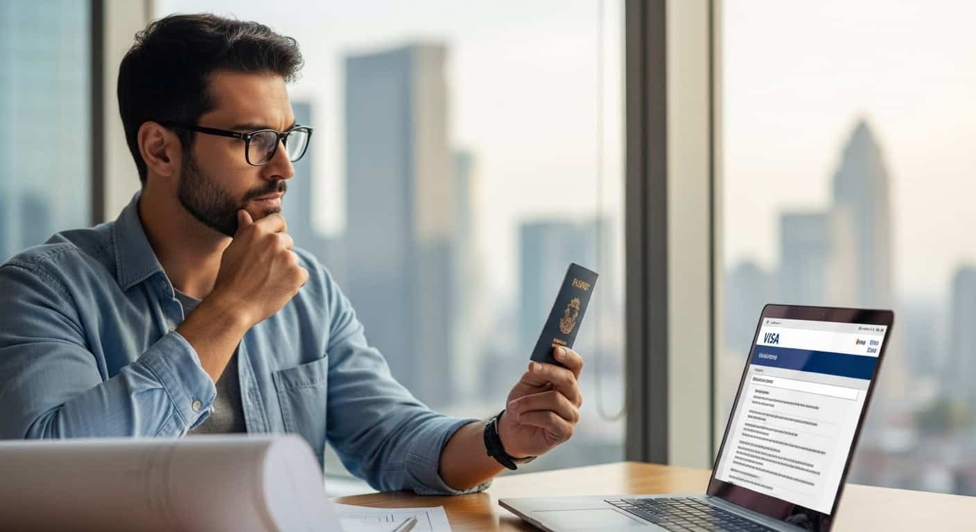 Jovem imigrante brasileiro revisando documentos de visto em ambiente de escritório.