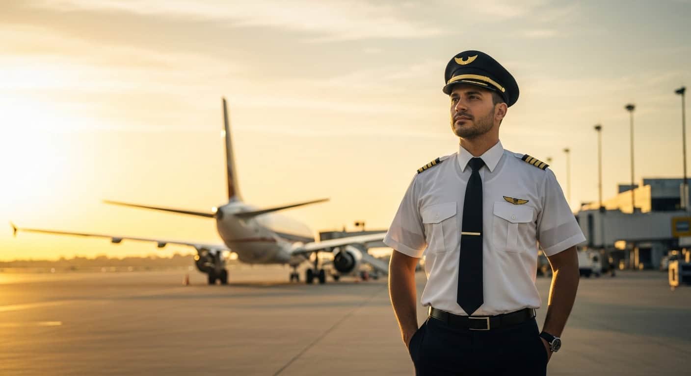 Piloto Brasileiro nos EUA Piloto brasileiro em aeroporto dos EUA com avião ao fundo ao pôr do sol.