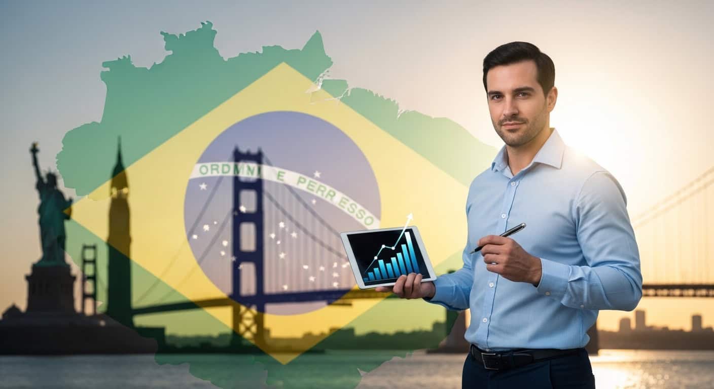 Profissão do Novo Imigrante nos EUA Jovem profissional com tablet em frente à ponte Golden Gate, símbolo de imigração e oportunidades no.