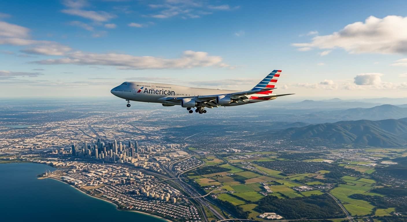 Novo Imigrante com Visto O-1A Imagem de um avião da American Airlines voando sobre uma cidade costeira com montanhas ao fundo.