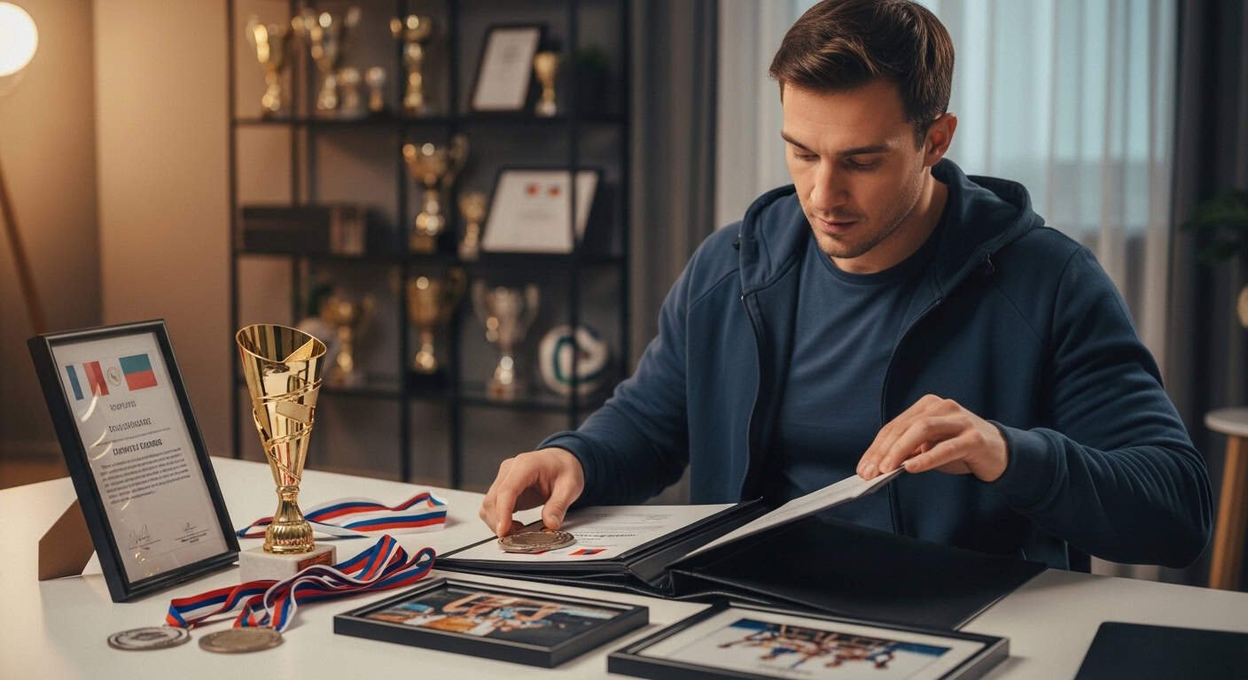 Homem analisando certificados e medalhas de conquistas esportivas em ambiente de escritório.